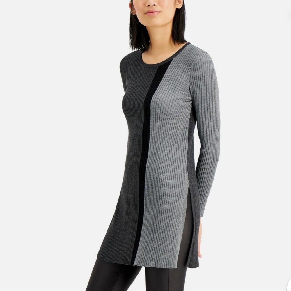 Alfani Graphite and Black Striped Tunic Sweater